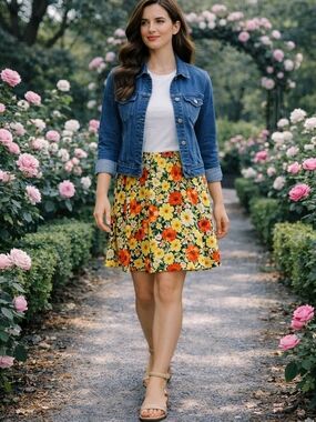 NWT Floral A-Line Skirt in Yellow & Red